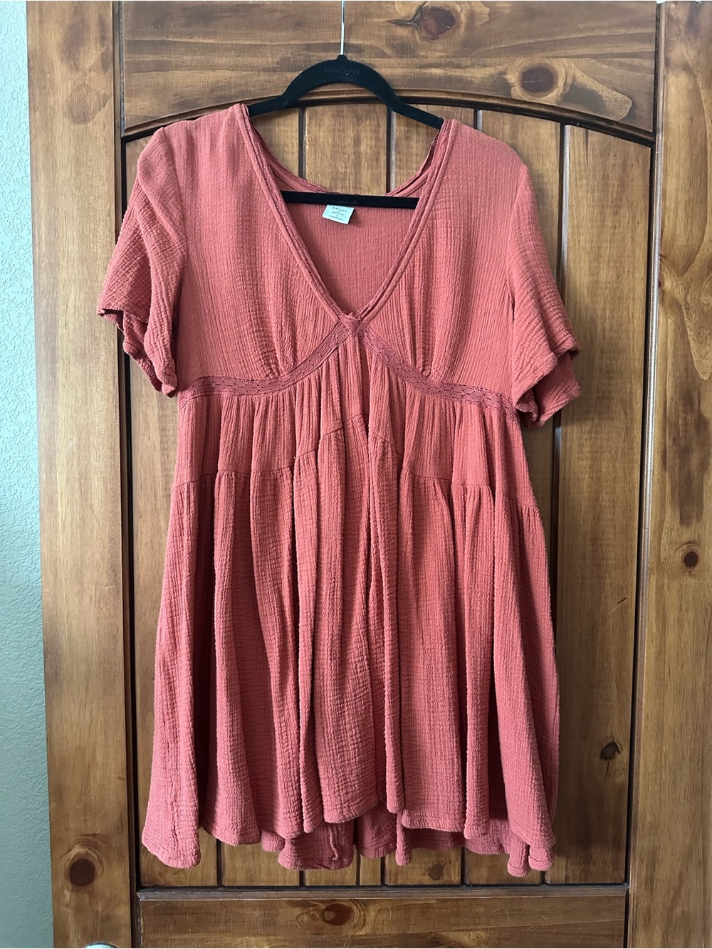 Patrons of Peace Rust Crinkle V-Neck Babydoll dress
